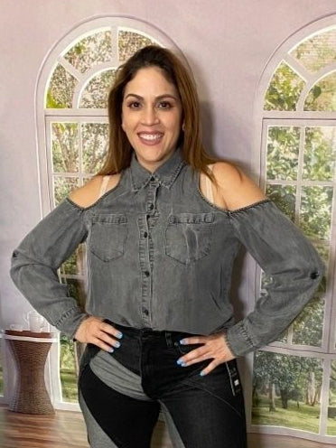 Washed Black Denim Open Shoulder