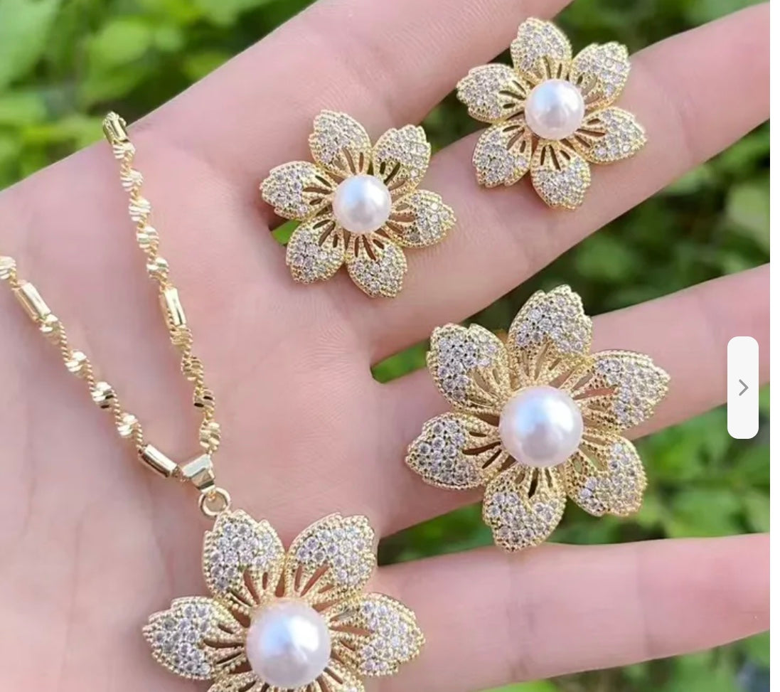 Gold Plated Flower Pearl Set