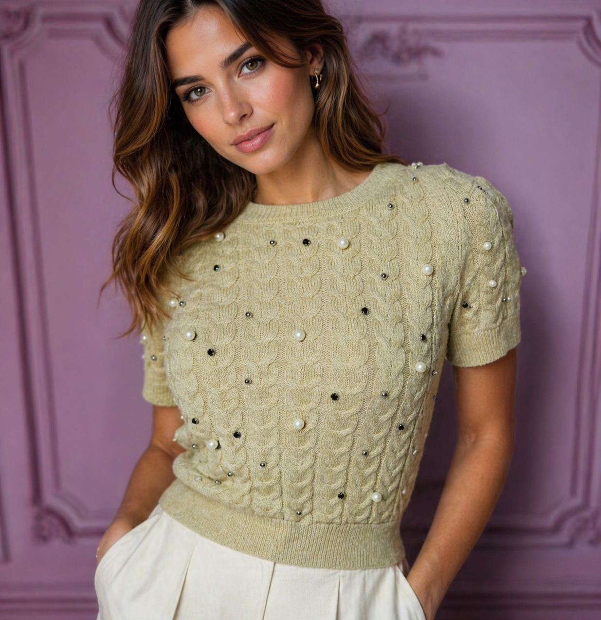 Taupe Knitted Studs Top