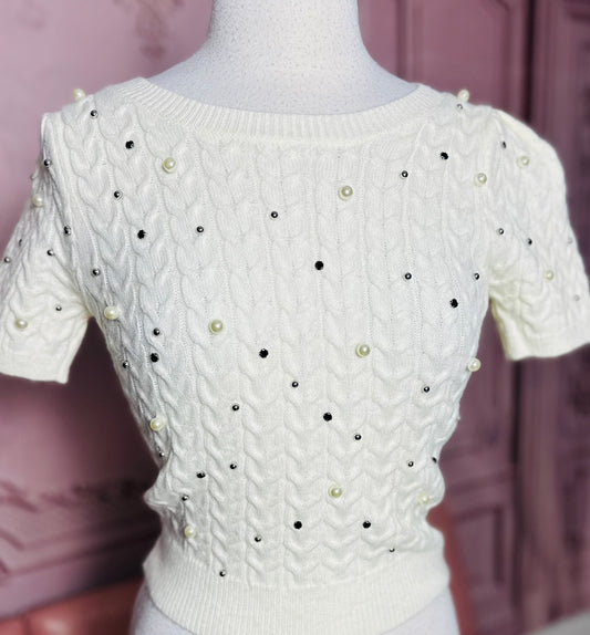 White Studs and Pearls Knitted Blouse