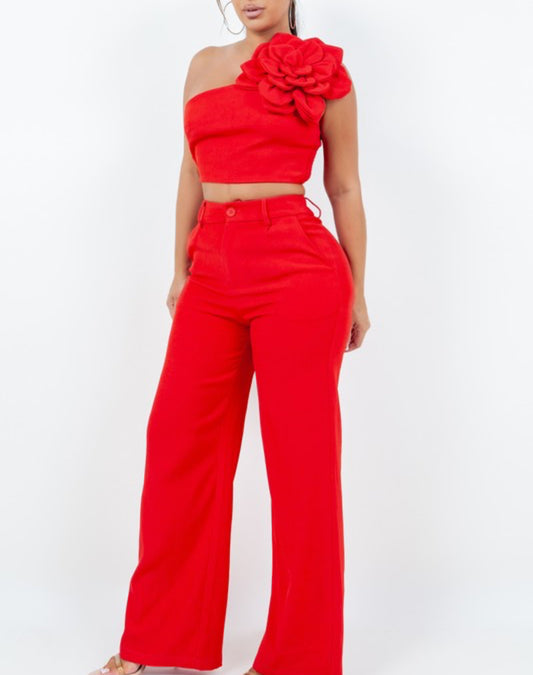 Red Flower One Shoulder Set