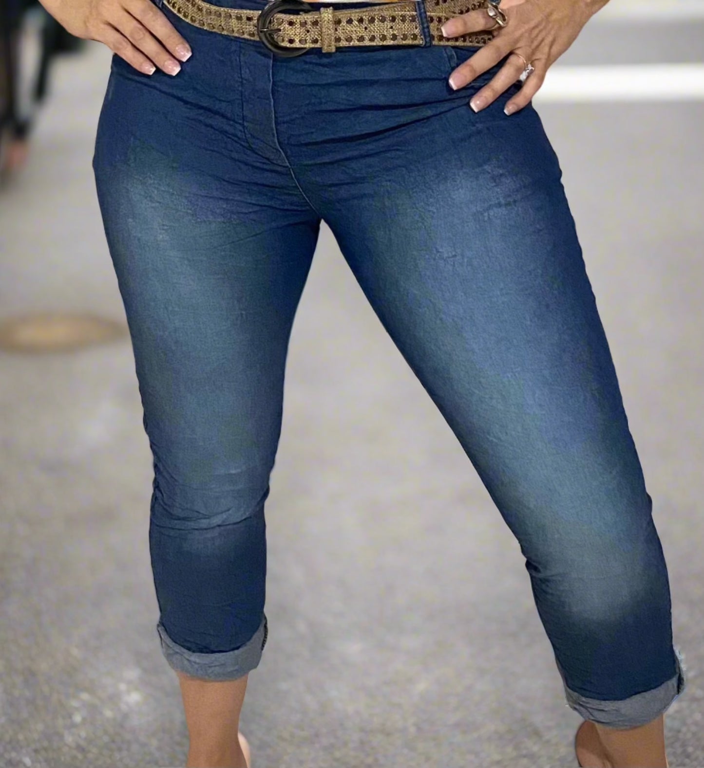 Denim Studded Belt Pants