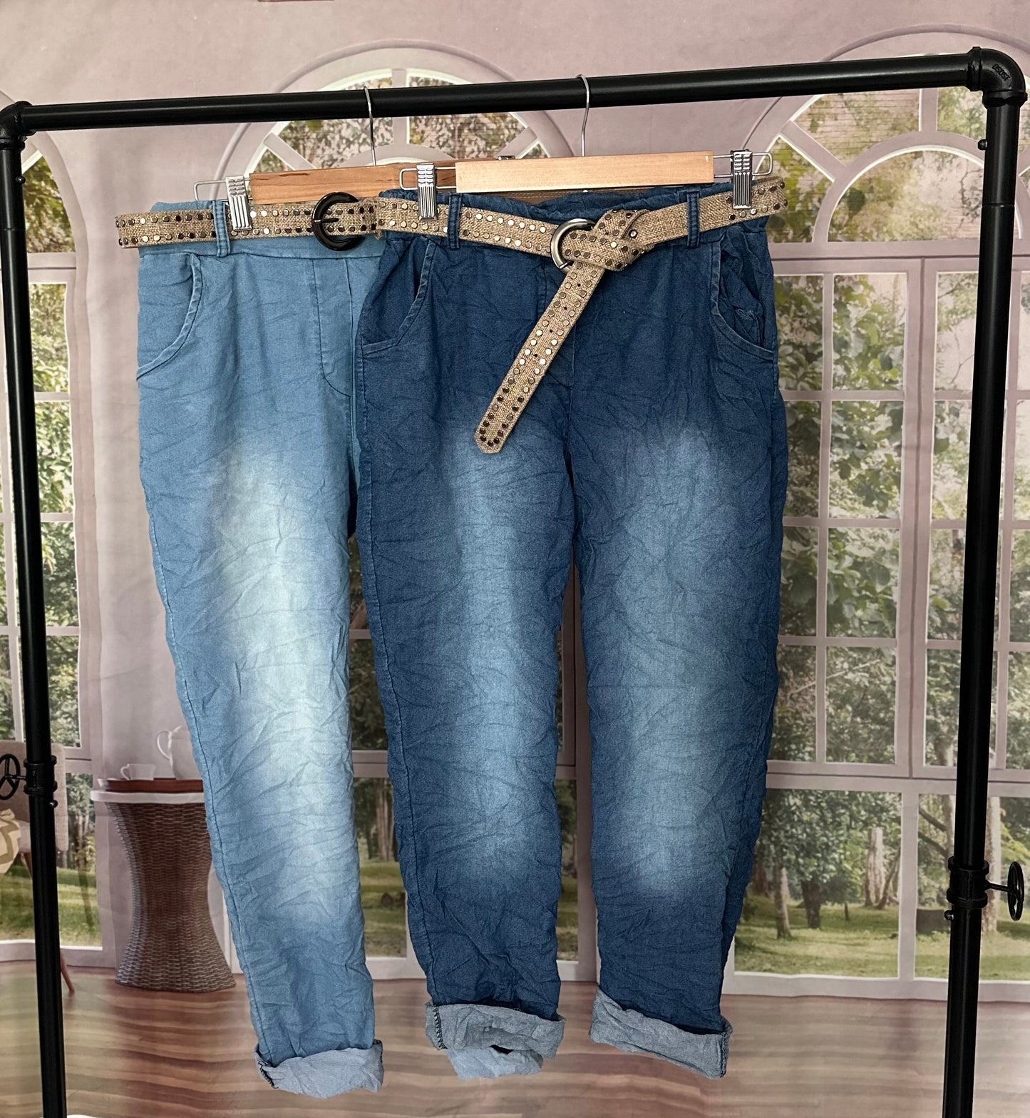 Denim Studded Belt Pants