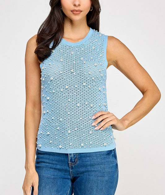Blue Knitted Pearls Top