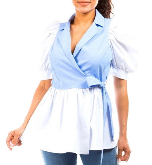 Puff Shoulders Blue Blouse